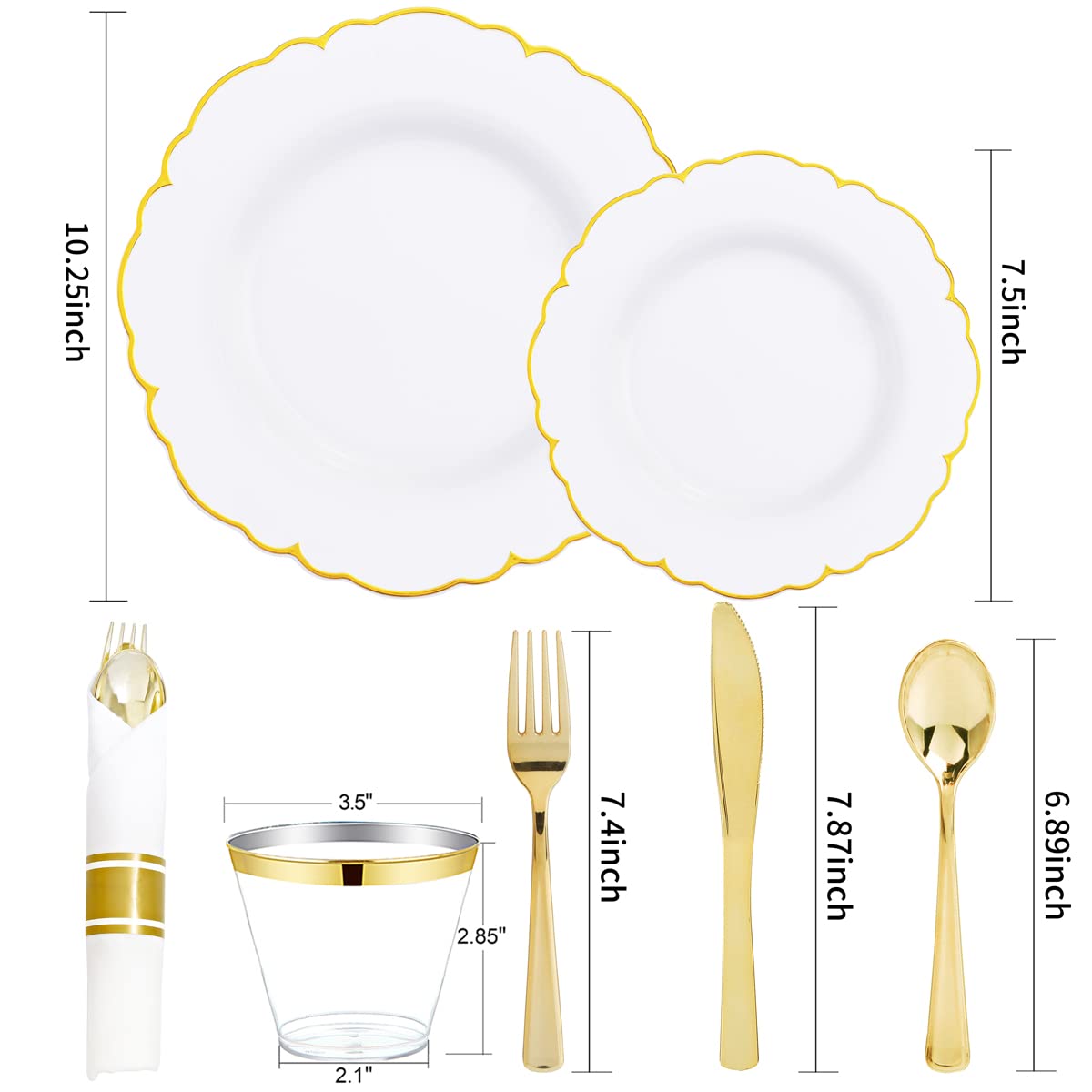Morejoy 175PCS Gold Plastic Plates，White Gold Disposable Plates with Pre Rolled Napkins:25 Dinner Plates,25 Dessert Plates,25 Spoons,25 Forks,25Knives,25Cups,25Napkins for Party & Father's Day