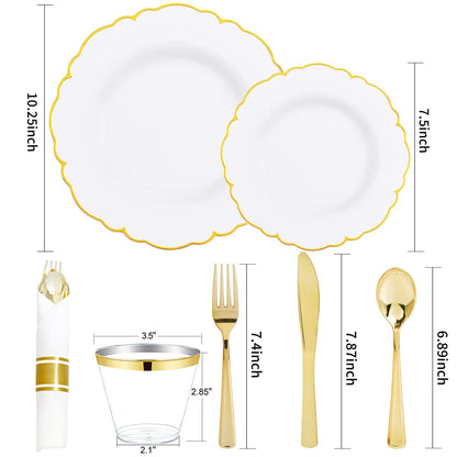 Morejoy 175PCS Gold Plastic Plates，White Gold Disposable Plates with Pre Rolled Napkins:25 Dinner Plates,25 Dessert Plates,25 Spoons,25 Forks,25Knives,25Cups,25Napkins for Party & Father's Day