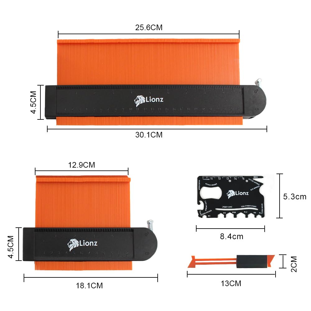 Lionz Contour Gauge with Lock, Mechanical pencil, and multifunction Tool 10+5 Inch, Super Gauge Shape and Outline tool to Copy Angles and Odd Shapes - Gift for Men, Handyman, DIY, Construction.