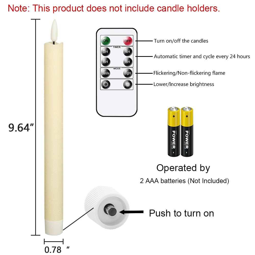 GenSwin Flameless Ivory Taper Candles Flickering with 10-Key Remote, Battery Operated Led Warm 3D Wick Light Window Candles Real Wax Pack of 6, Christmas Home Wedding Decor(0.78 X 9.64 Inch)
