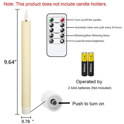 GenSwin Flameless Ivory Taper Candles Flickering with 10-Key Remote, Battery Operated Led Warm 3D Wick Light Window Candles Real Wax Pack of 6, Christmas Home Wedding Decor(0.78 X 9.64 Inch)