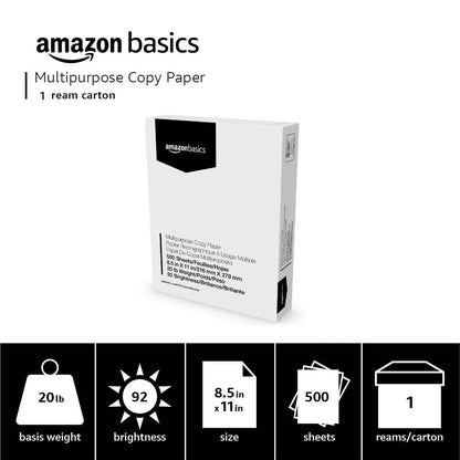 Amazon Basics Multipurpose Copy Printer Paper, 8.5 x 11 Inches, 20 lb, 1 Ream, (500 Sheets), 92 Bright, White