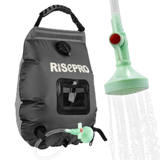 RISEPRO Solar Shower Bag, 5 gallons/20L Solar Heating Premium Camping Shower Bag Hot Water with Temperature 45°C Removable Hose on/Off Switchable Shower Head Hiking Climbing Summer Shower BK