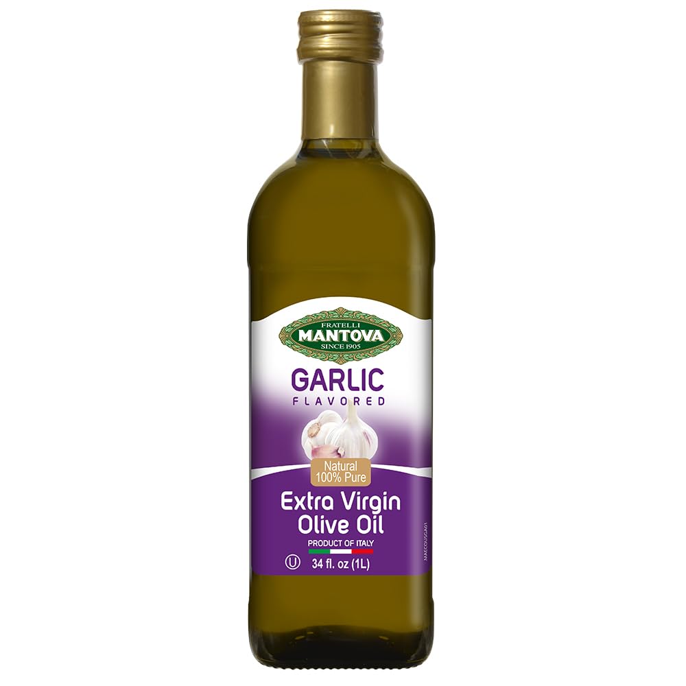 Mantova Garlic Extra Virgin Olive Oil (EVOO) - Cold-Pressed, Premium Quality, Imported from Italy - Perfect for Topping Salads, Vegetables, Pasta Salad, Dipping Italian Bread, or Pan-Frying (Pack of 1)