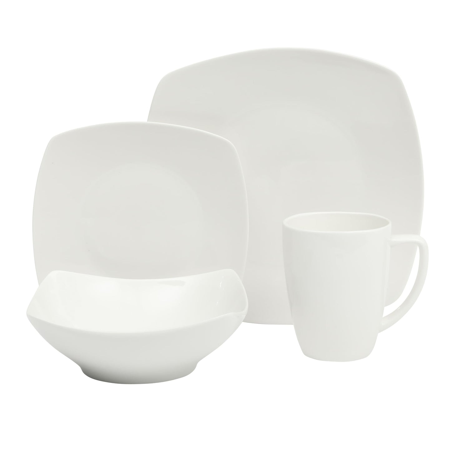 Gibson Home Zen Buffet Porcelain Chip and Scratch Resistant Dinnerware Plates, Bowls, and Mugs Set, Service for 4 (16pcs), White (Square Dishes)