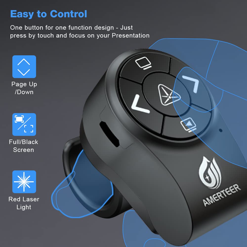AMERTEER Bluetooth Wireless Presentation clicker for PowerPoint presentations, RF 2.4GHz Finger Ring Remote, PPT Slides Rechargeable