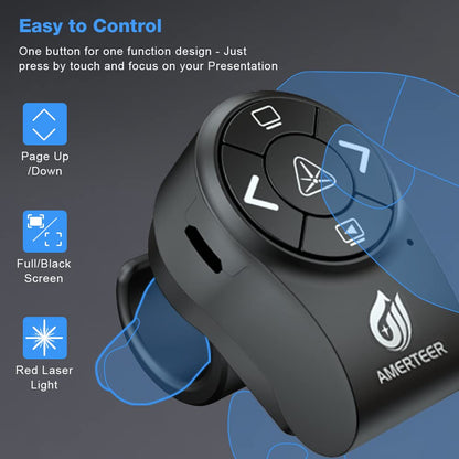 AMERTEER Bluetooth Wireless Presentation clicker for PowerPoint presentations, RF 2.4GHz Finger Ring Remote, PPT Slides Rechargeable
