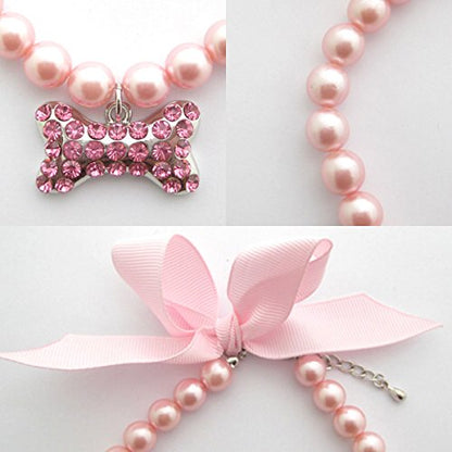 PETFAVORITES Fancy Pearls Crystal Dog Necklace Jewelry with Bling Rhinestones Big Bone Charm for Pets Cats Small Dogs Girl Teacup Chihuahua Yorkie Clothes Costume Outfits (Pink, 8 to 10-Inch)
