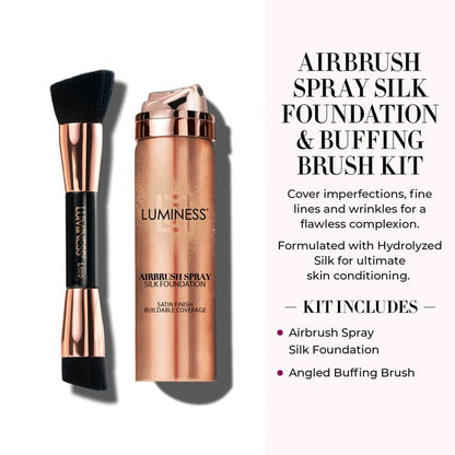 LUMINESS Silk Airbrush Spray Foundation & Buffing Brush Kit – Full Coverage Foundation & Dual-Sided Buffing Brush - Buildable Coverage, Anti-Aging Formula Hydrates & Moisturizes - Light Medium