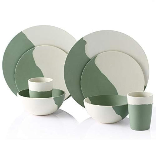 MORGIANA 8 pcs Bamboo Dinnerware Set Reusable Plates Bowls Sets, Camping Picnic Dishes Tableware Set for 2 (Green & White)