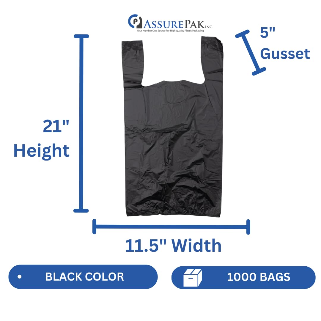 Plastic Bag-Black Plain Embossed T-Shirt Bag 11.5"x6.5"x21.5" 13 mic - 1000 bags/case