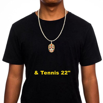 HH BLING EMPIRE 14k Gold Silver Plated Hip Hop Rapper Pendant Chain Necklace for Men, Iced Out Diamond Jason Mask Pendant with 5mm Tennis Chains 22 Inch (Jason Mask-Silver,& Tennis)