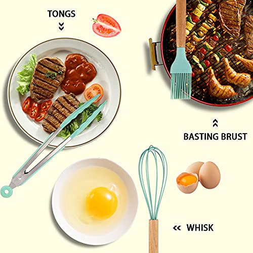 MIBOTE Silicone Cooking Kitchen Utensils Set with Holder, Wooden Handles Cooking Tool BPA Free Turner Tongs Spatula Spoon Kitchen Gadgets Set for Nonstick Cookware (Teal)