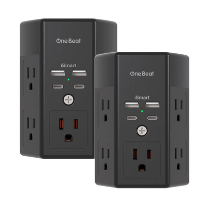2 Pack Multi Plug Outlet, Surge Protector, 5 Outlet Extender with 4 USB Charging Ports (2 USB C), USB Wall Charger, 3-Sided 1800J Power Strip Outlets Splitter Wall Plug Adapter Spaced for Home,Black