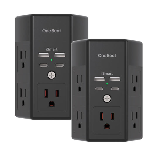 2 Pack Multi Plug Outlet, Surge Protector, 5 Outlet Extender with 4 USB Charging Ports (2 USB C), USB Wall Charger, 3-Sided 1800J Power Strip Outlets Splitter Wall Plug Adapter Spaced for Home,Black