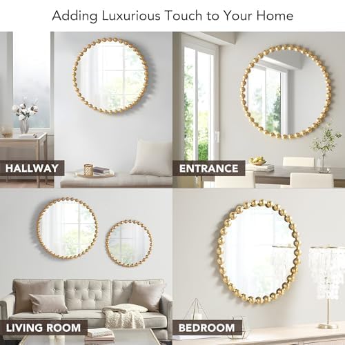 Madison Park Round Mirror, Metal Frame Circle Mirror 27 inch, Wall Art Decor Mounted Hanging for Entryway, Bathroom, hallway, Living Room, Vanity, Marlowe, Gold