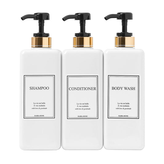 HARRA HOME Modern Gold Design 27 oz Shampoo and Conditioner Dispensers - Plastic Refillable Pump Bottle Set for Bathroom Shower Soap Dispenser, Set of 3 (Black)