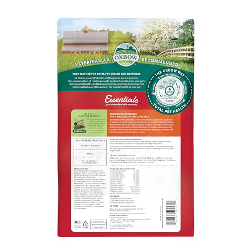 Oxbow Essentials Guinea Pig Food, Adult Guinea Pig, Made with Oxbow Timothy Hay, Pet Food Pellets with Vitamin C, Small Animal Pet Products, Made in USA, High Fiber, 5 lb. bag