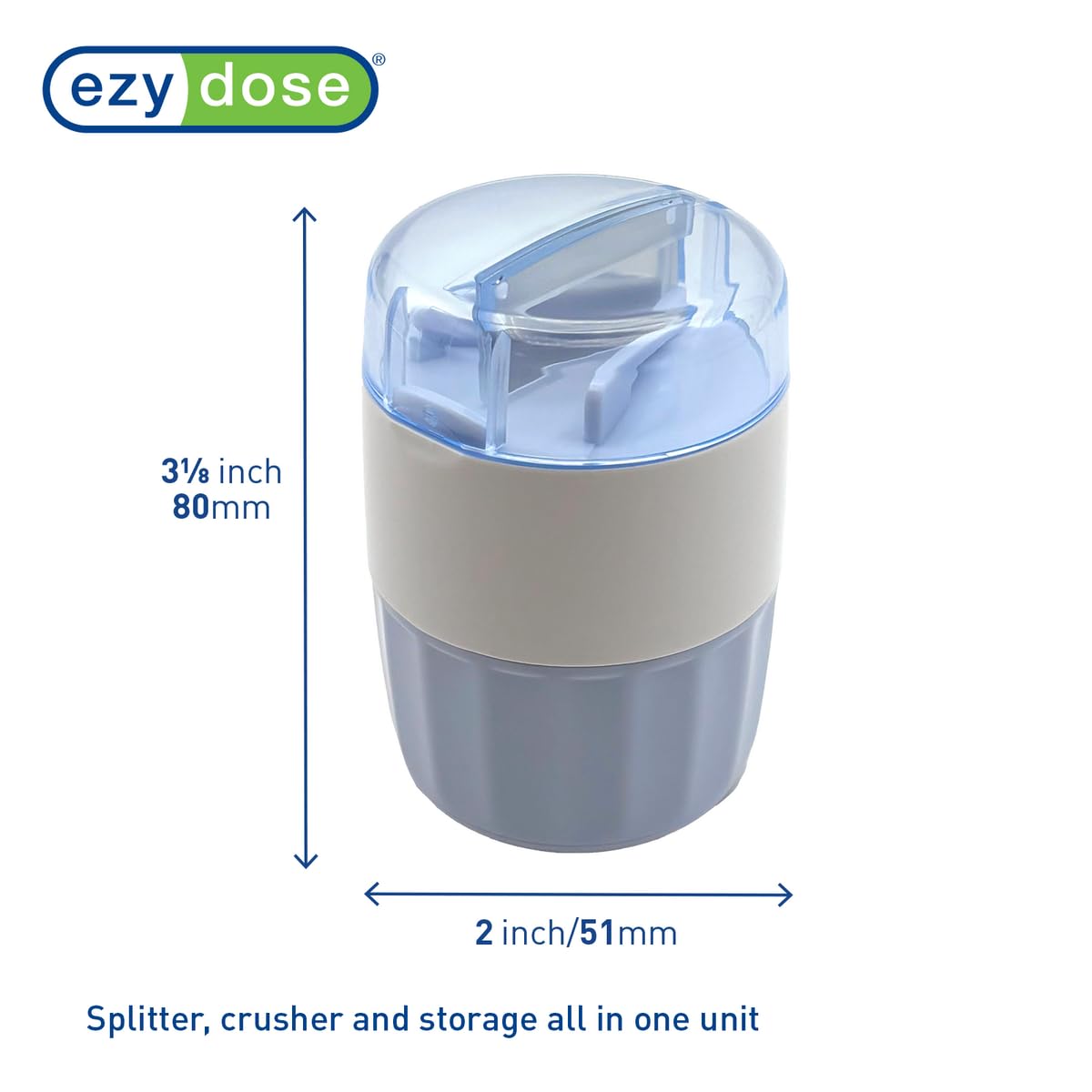 EZY DOSE Pill Crusher and Cutter 3-in-1, Crushes Cuts, and Stores Pills, Vitamins, Tablets, Built-in Storage Compartment, Features Stainless-Steel Blade, Portable and Travel-Friendly, Blue, BPA Free