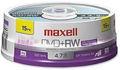 Maxell Dvd+rw Rewritable Disc, 4.7 Gb, 4x, Spindle, Silver, 15/pack