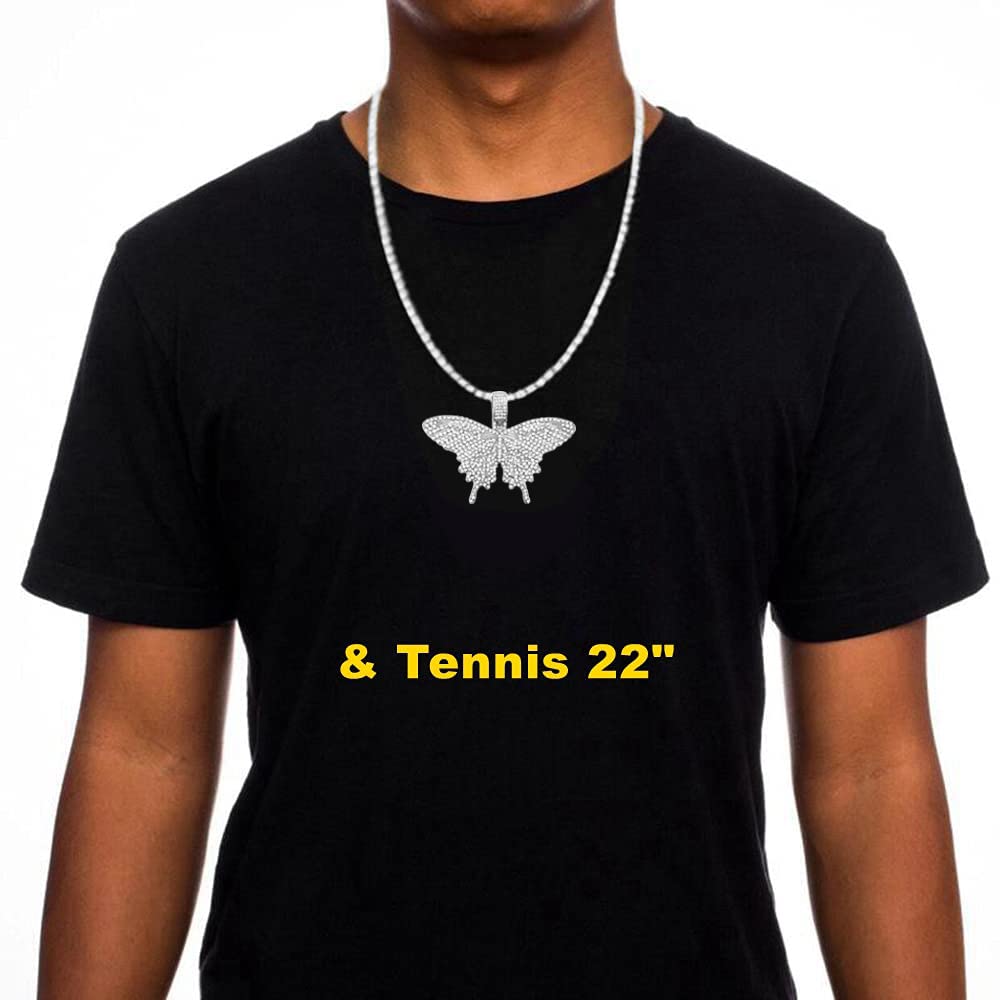 HH BLING EMPIRE Iced Out Silver/Gold Diamond Butterfly Necklace for Men Women, Hip Hop Big Butterfly Pendant with Rope/Tennis/Cuban Link Chains 22 Inch (Silver butterfly A & Tennis Chain)