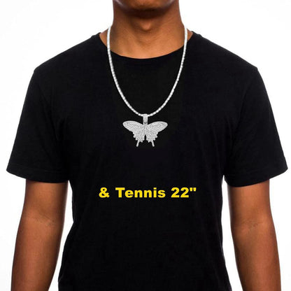 HH BLING EMPIRE Iced Out Silver/Gold Diamond Butterfly Necklace for Men Women, Hip Hop Big Butterfly Pendant with Rope/Tennis/Cuban Link Chains 22 Inch (Silver butterfly A & Tennis Chain)