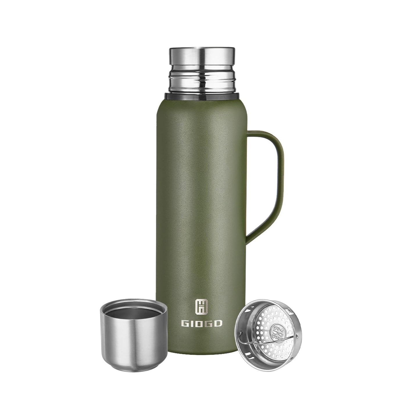 Insulated Vacuum Thermo Bottle 750ml/25.4oz with Cup Stainless Steel Coffee Bottles for Hot and Cold Drink Water Flask.(Green, with Handle, 750ml)