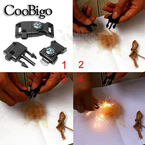 10pcs Pack Black 5/8" Compass Flint Scraper Fire Starter Whistle Buckle Plastic Paracord Bracelet Outdoor Camping Emergency Survival Travel Kits #FLC158-FWC(Black)