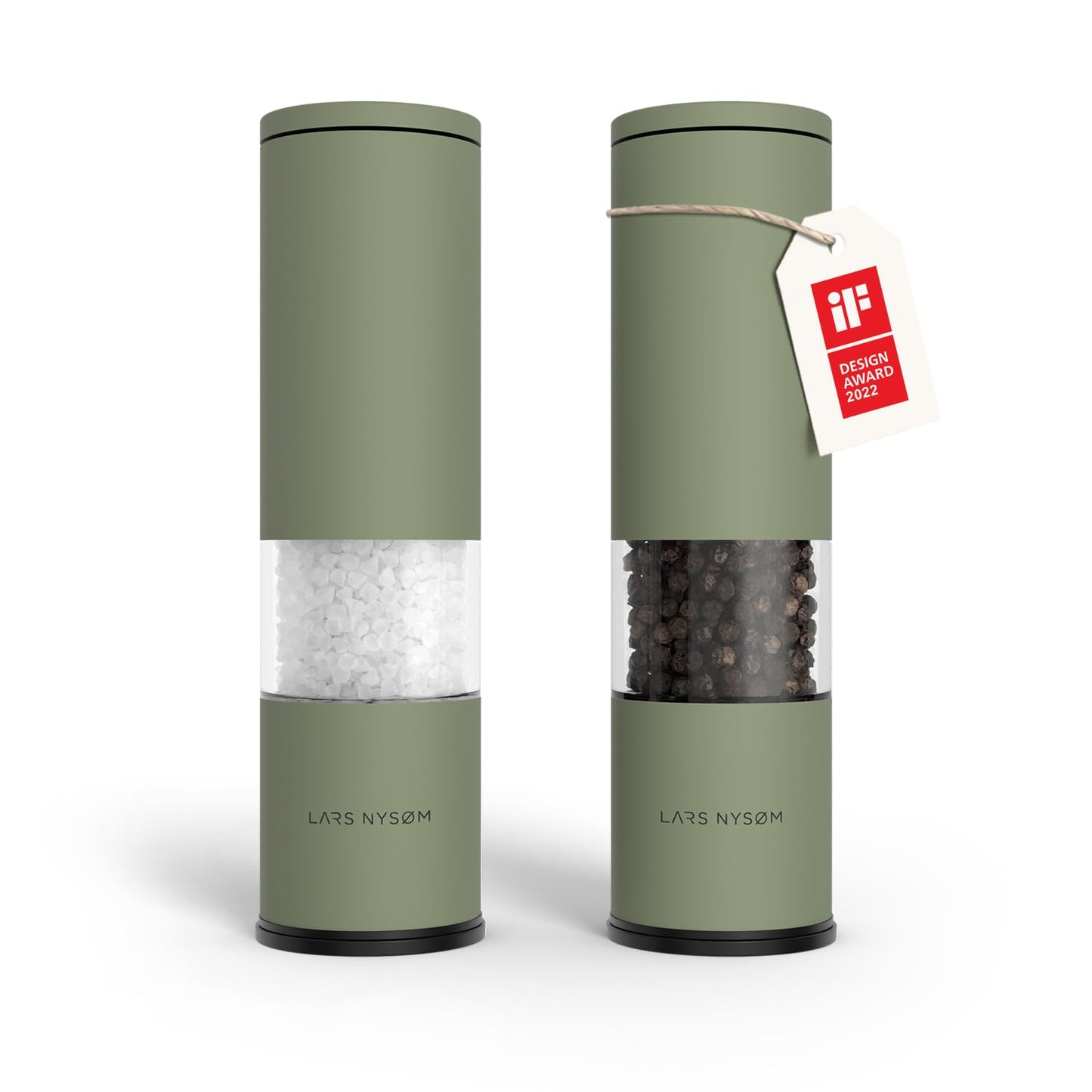 LARS NYSØM Salt and Pepper Grinder Set 2 pieces I Salt Pepper Mill with Adjustable Ceramic Grinder I Design Spice Grinder Set Manual (Sage Green)