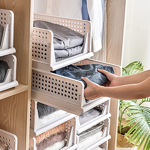 jocabo Folding Wardrobe Storage Box 4-Pack Plastic Drawer Organizer Stackable Shelf Baskets Cloth Closet Containers Bin Cubes,Home Office Bedroom Laundry Fold Pull Out Dividers for Clothes,Toys White