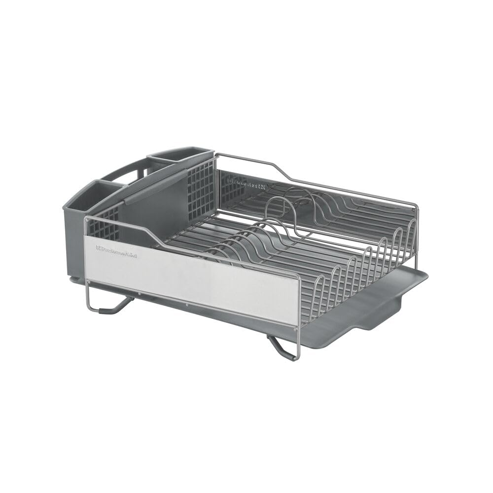 KitchenAid Large Capacity Full Size Rust Resistant Dish Rack with Angled Drain Board and Removable Flatware Caddy, Light Grey