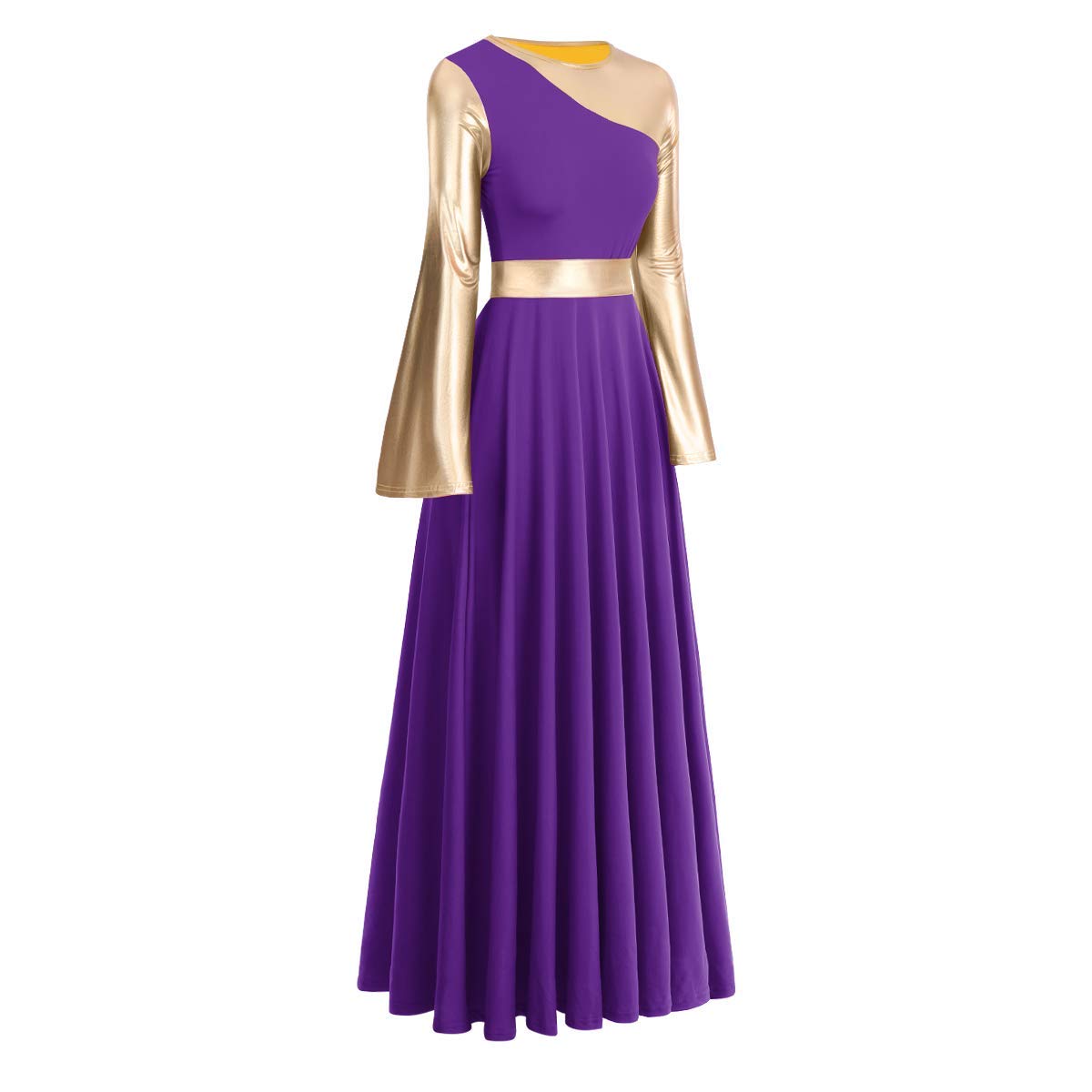 IBAKOM Women Adult Metallic Gold Color Block Long Sleeve Praise Dance Worship Robe Dress Loose Fit Full Length Liturgical Tunic Circle Skirt Lyrical Dancewear Swing Gowns Ballet Costume Purple-Gold L