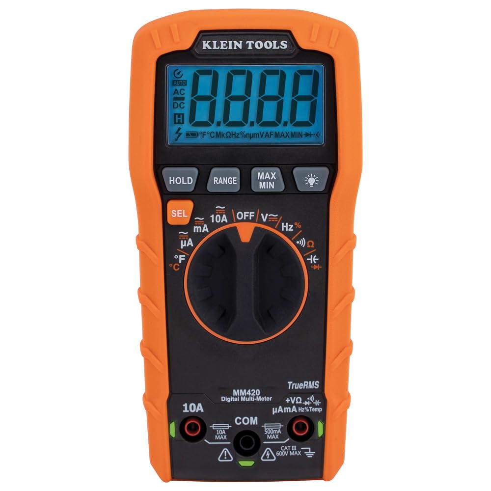 Klein Tools MM420 Digital Multimeter, Auto-Ranging TRMS Multimeter, 600V AC/DC Voltage, 10A AC/DC Current, 50 MOhms Resistance