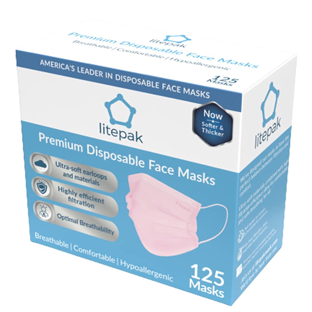 Litepak 125-Pack Disposable Face Mask Premium Comfort Earloops with Dispenser Box (Pink)