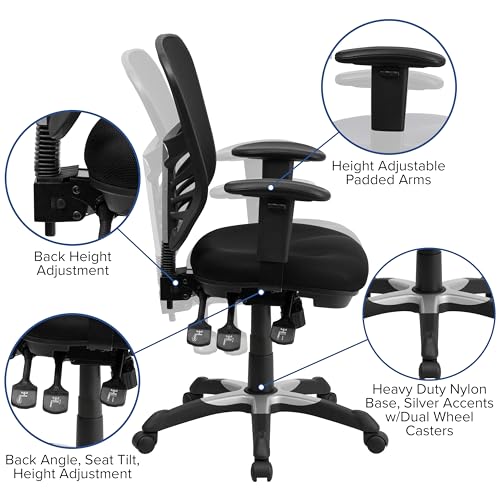 Flash Furniture Nicholas Mid-Back Swivel Desk Chair with Wheels, Mesh Back, Padded Seat, and Armrests, Adjustable Height Mesh Ergonomic Office Chair, Black