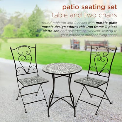 Alpine Corporation Indoor/Outdoor Marbled Glass Mosaic 3-Piece Bistro Set Folding Table and Chairs Patio Seating