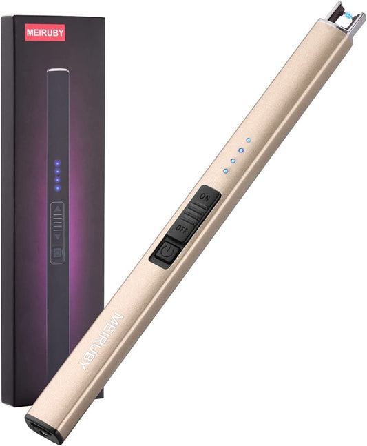 MEIRUBY Lighter Electric Candle Lighter Long Electronic Rechargeable USB Arc Windproof Flameless Lighters for Candle Camping BBQ Birthday Women's Day Gifts for Women Mom Wife Men, Gold