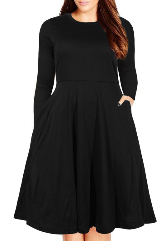 Nemidor Women's Round Neck Long Sleeve Casual Plus Size Fit and Flare Midi Dress with Pocket (26,Black+Sleeve)