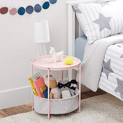 Amazon Basics Round Storage End Table, Side Table with Cloth Basket, Dusty Pink, 17.7"D x 17.7"W x 18.9"H