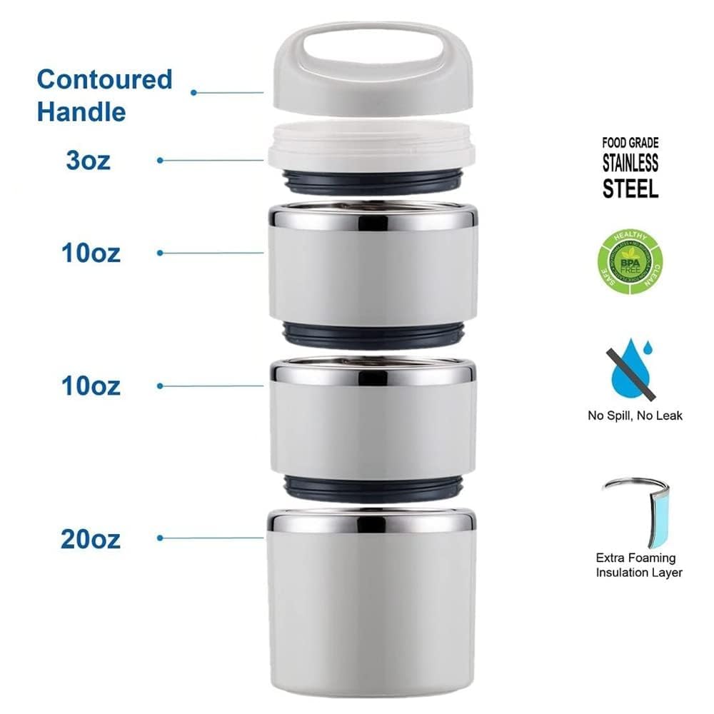 Lille Home Stackable Stainless Steel Thermal Compartment Lunch/Snack Box, 3-Tier Insulated Bento/Food Container with Lunch Bag, Utensils Set and Three Extra Seals, 43OZ (Gray)