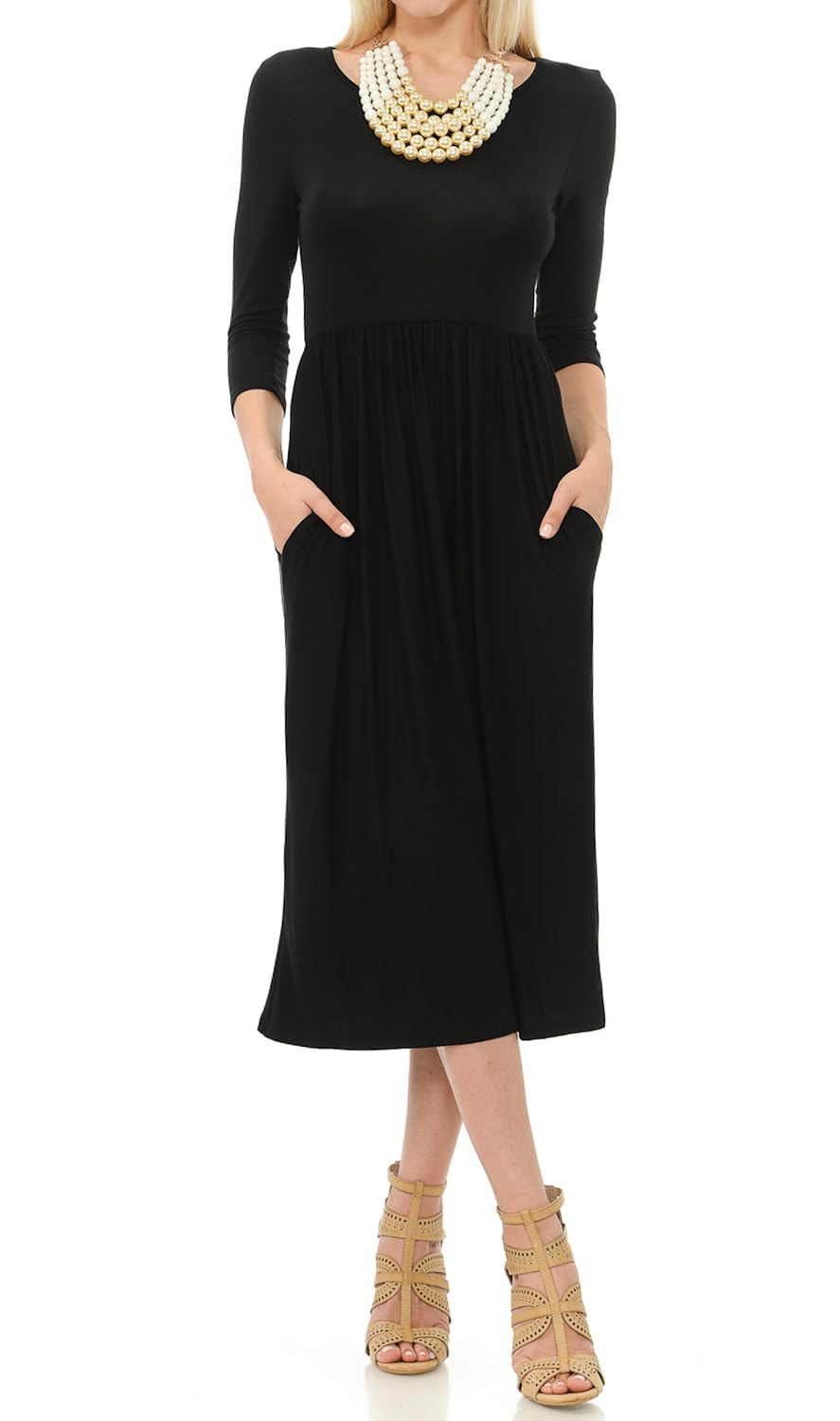 iconic luxe Women's Fit and Flare Midi Dress with Pockets Small Black