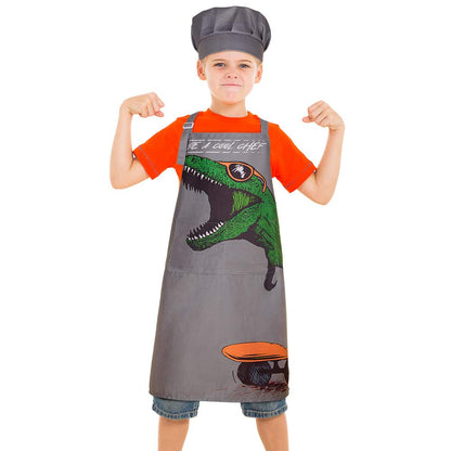 MHJY Kids Apron and Chef Hat for Boys Dinosaur Child Aprons with Pockets,Adjustable Apron for Cooking Baking Painting 3-12 Years