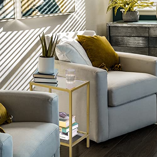 HOMSHO Side Tables Set of 2, End Tables with Tempered Glass, 2-Tier Nightstands with Storage Shelves, Coffee Table with Modern Style, Slim Sofa Table for Living Room, Bedroom, 11.8" D x 15" W, Golden