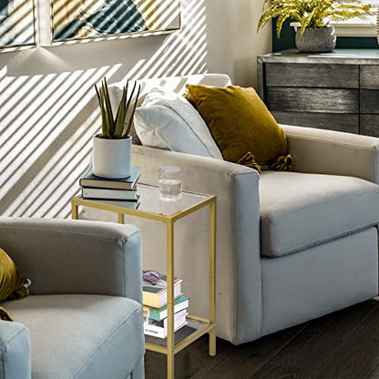 HOMSHO Side Tables Set of 2, End Tables with Tempered Glass, 2-Tier Nightstands with Storage Shelves, Coffee Table with Modern Style, Slim Sofa Table for Living Room, Bedroom, 11.8" D x 15" W, Golden