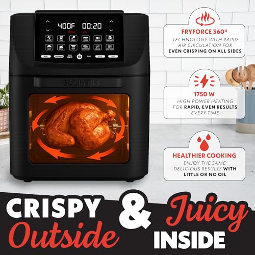 Gourmia Air Fryer Toaster Oven Combo - All-in-One 14-Quart Digital Air Fryer Toaster Oven with Rotisserie & Dehydrator – 12 Presets, Guided Cooking Prompts, 1750W, Dishwasher-Safe Accessories