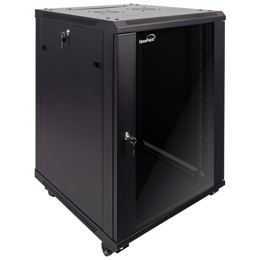 NavePoint 15U Server Cabinet Wall Mount Rack Enclosure with Caster Wheels, 2 Fans, Locking Glass Door, Removable Side Panels – 15U Network Cabinet 23.6” Deep, 19” Server Rack for IT Equipment