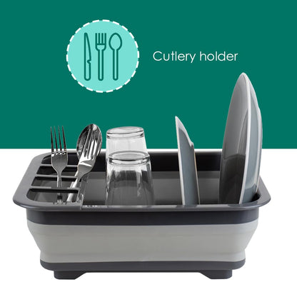 Home Basics Silicone and Plastic Easy Storage Collapsible Dish Rack with Cutlery Holder (Grey)