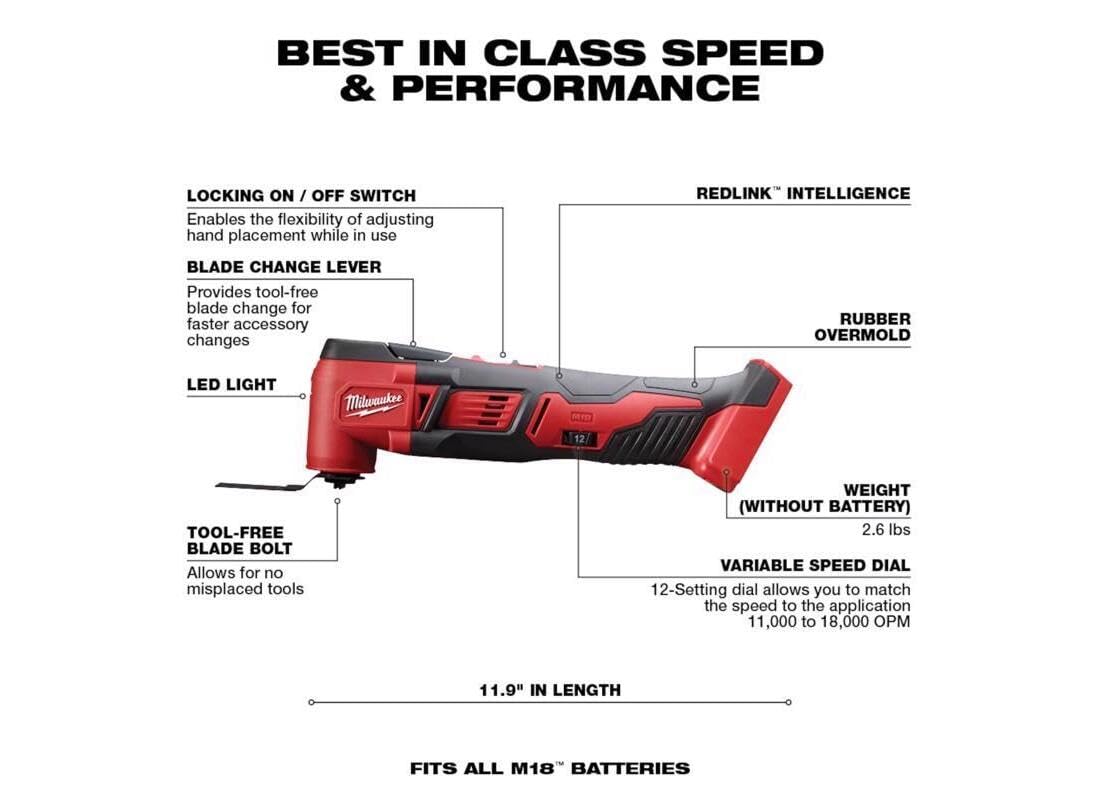 Milwaukee 2626-20 M18 18V Lithium Ion Cordless 18,000 OPM Orbiting Multi Tool with Woodcutting Blades and Sanding Pad with Sheets Included (Battery Not Included, Power Tool Only)