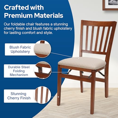 MECO Stakmore School House Wooden Folding Chairs with Padded Seats, Set of 2 - No Assembly Foldable Dining Chairs, Steel Folding Mechanism, Upholstered Cushion, Space-Saving, Fruitwood Frame
