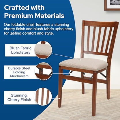 MECO Stakmore School House Wooden Folding Chairs with Padded Seats, Set of 2 - No Assembly Foldable Dining Chairs, Steel Folding Mechanism, Upholstered Cushion, Space-Saving, Fruitwood Frame